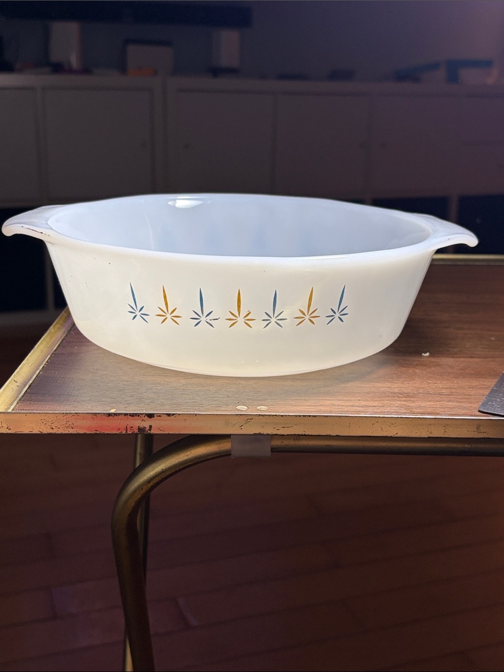 Fire King Candle Glow Casserole Bowl Anchor Hocking Blue Gold Atomic Starburst
